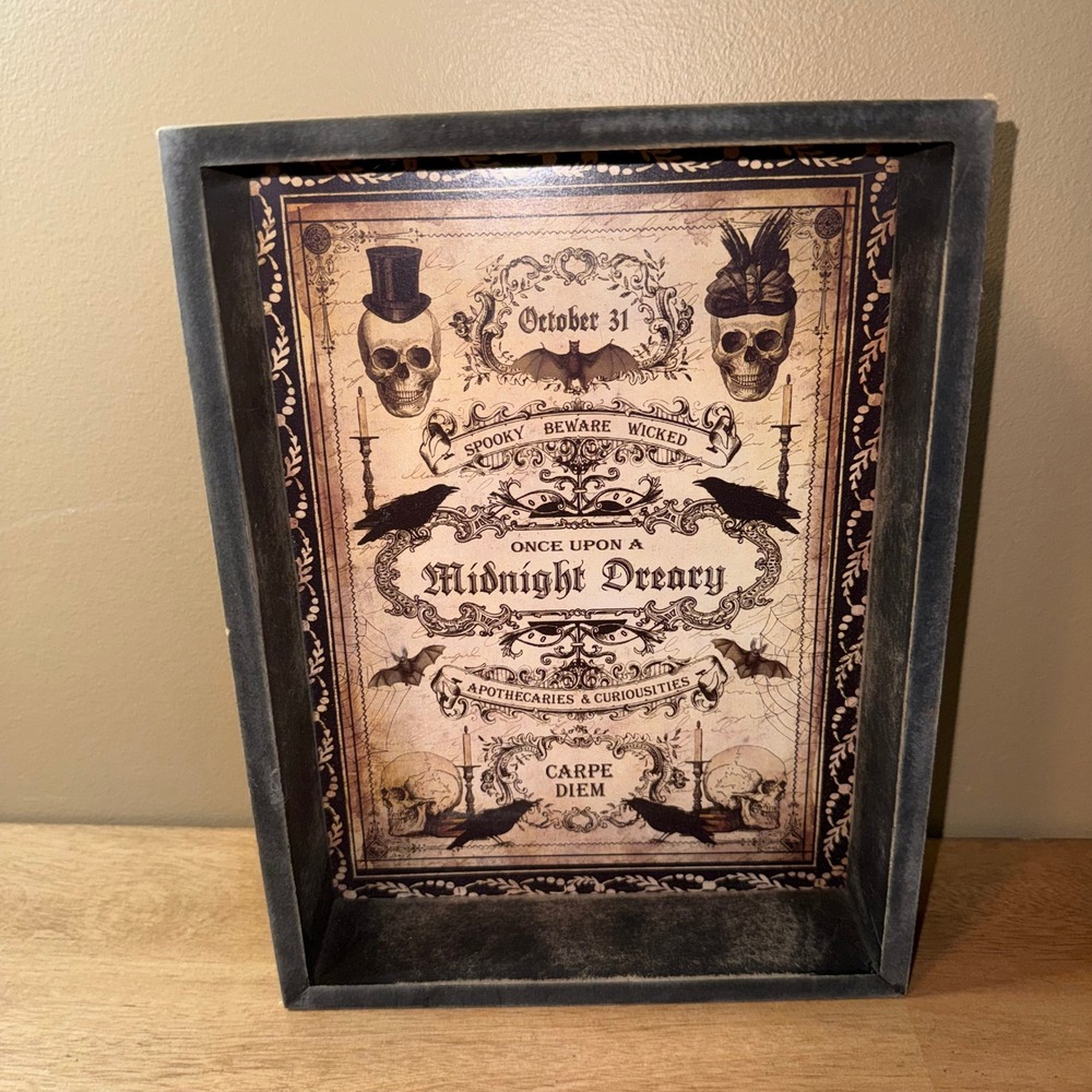 Holiday Home Halloween Midnight Dreary Skull Shadow Box Sign Gothic Decor